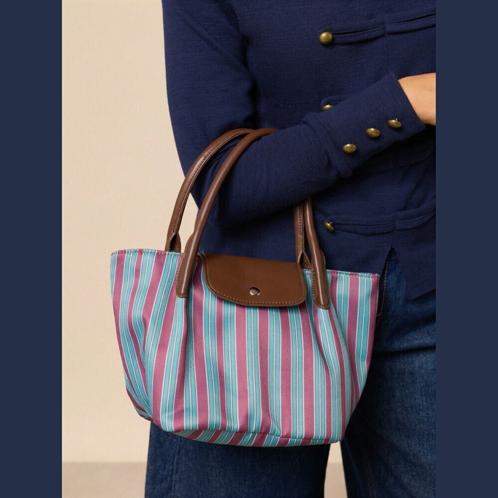 Pink Striped Nylon Top Handle Tote with Brown Faux Leather Trim